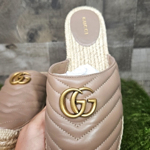 GUCCI Charlotte Matelasse gold GG Marmont logo platform espadrille jute mule - Picture 11 of 14